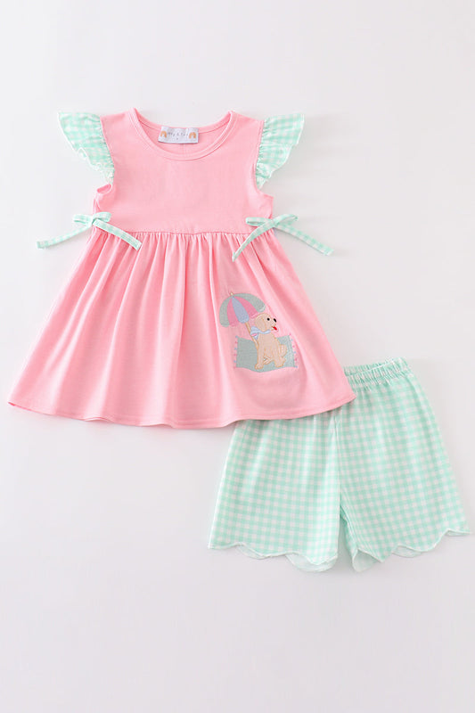 Pink Beach Puppy Embroidery Girl Set