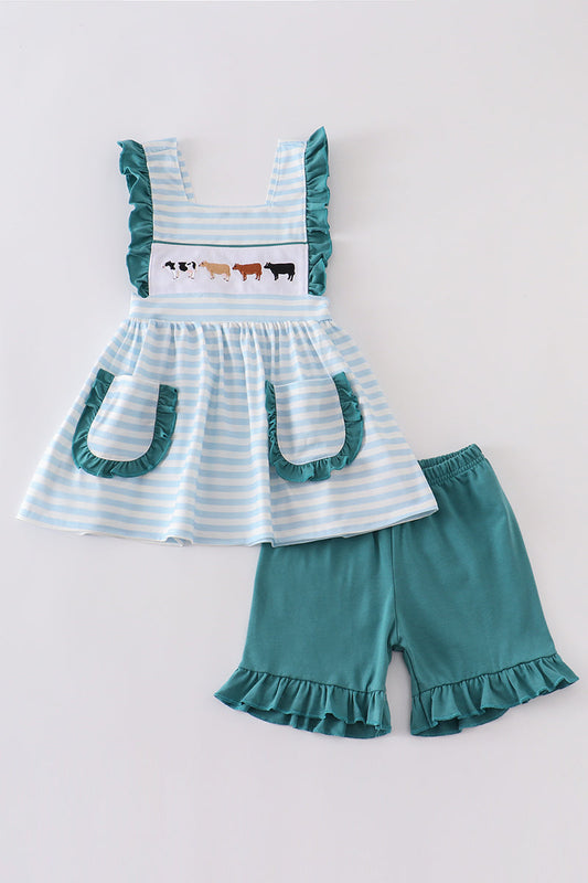 Blue Stripe Cow Embroidery Girl Set