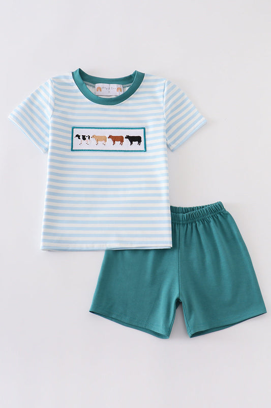 Blue Stripe Cow Embroidery Boy Set