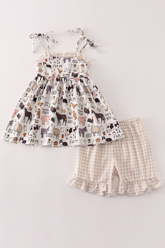 Beige Farm Strap Girl Set