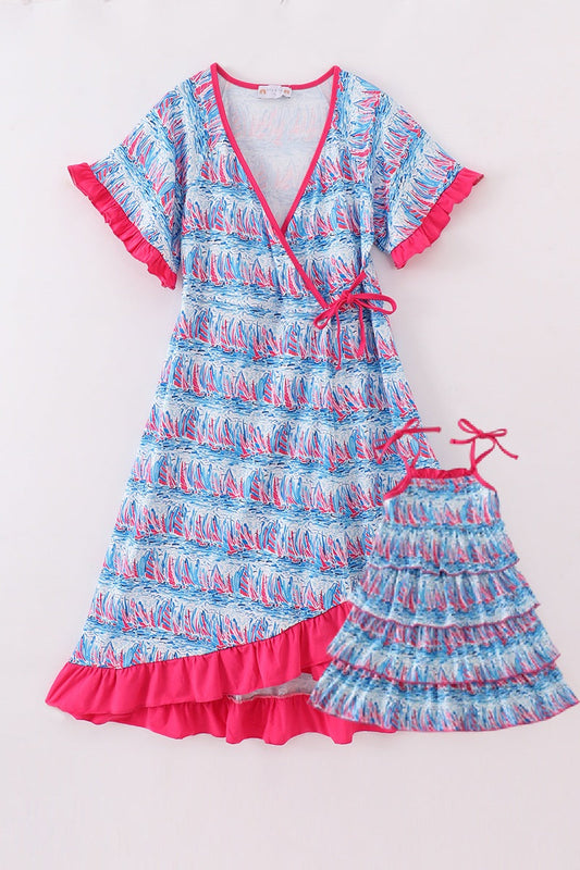 Blue Sailboat Serenade Print Mom&Me Dress