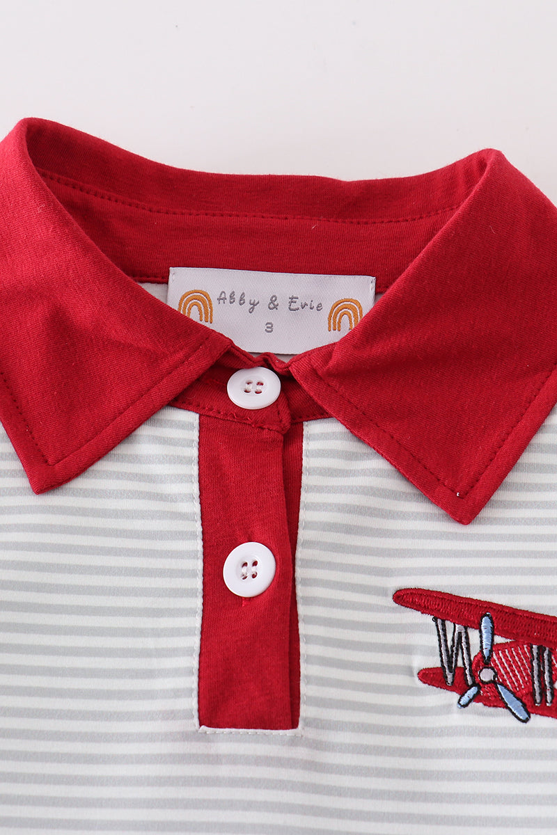 Sage Stripe Plane Embroidery Boy Shirt