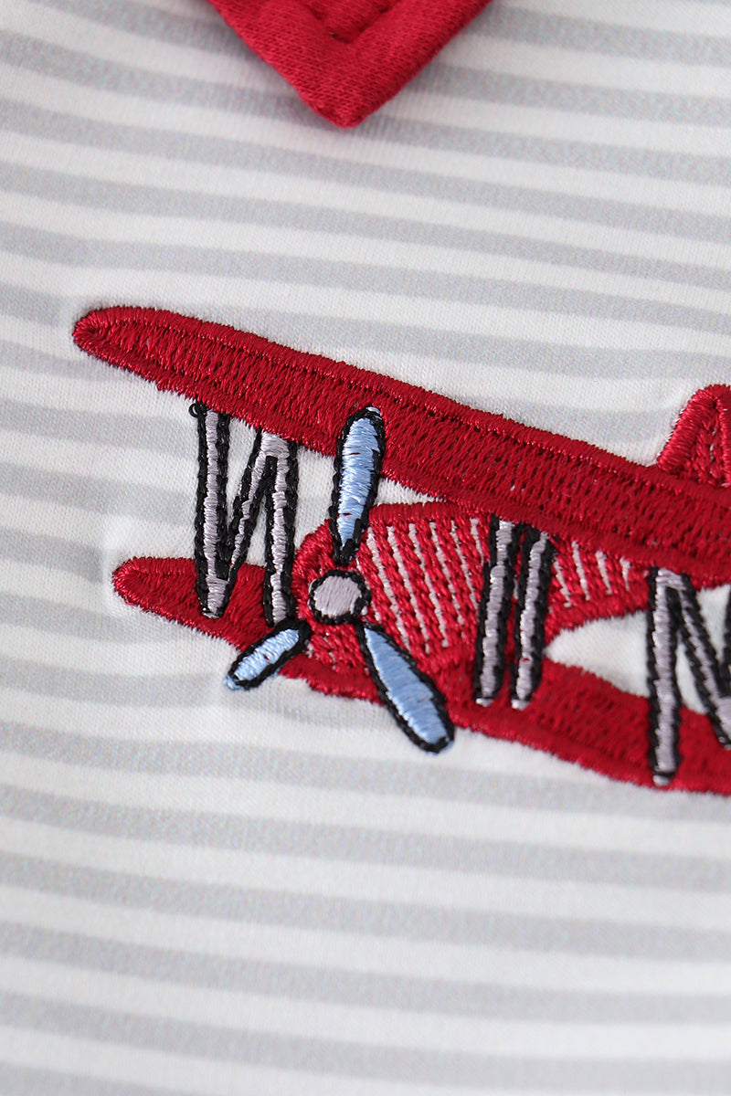 Sage Stripe Plane Embroidery Boy Shirt