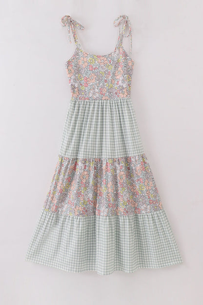 Sage Pastel Floral Harmony Mom&Me Gingham Dress