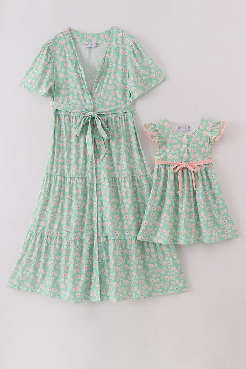 Green Floral Print Girl Mom & Me Dress