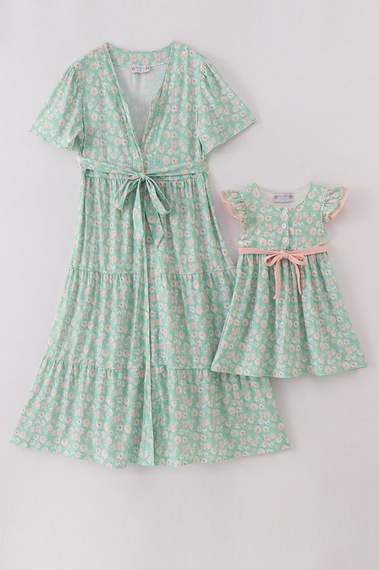 Green Floral Print Girl Mom & Me Dress