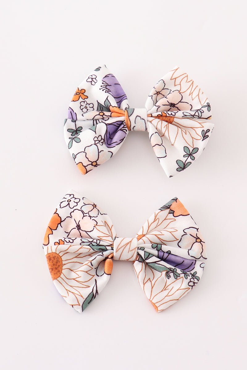Coral Floral Print 2Pcs Piggie Hair Bow