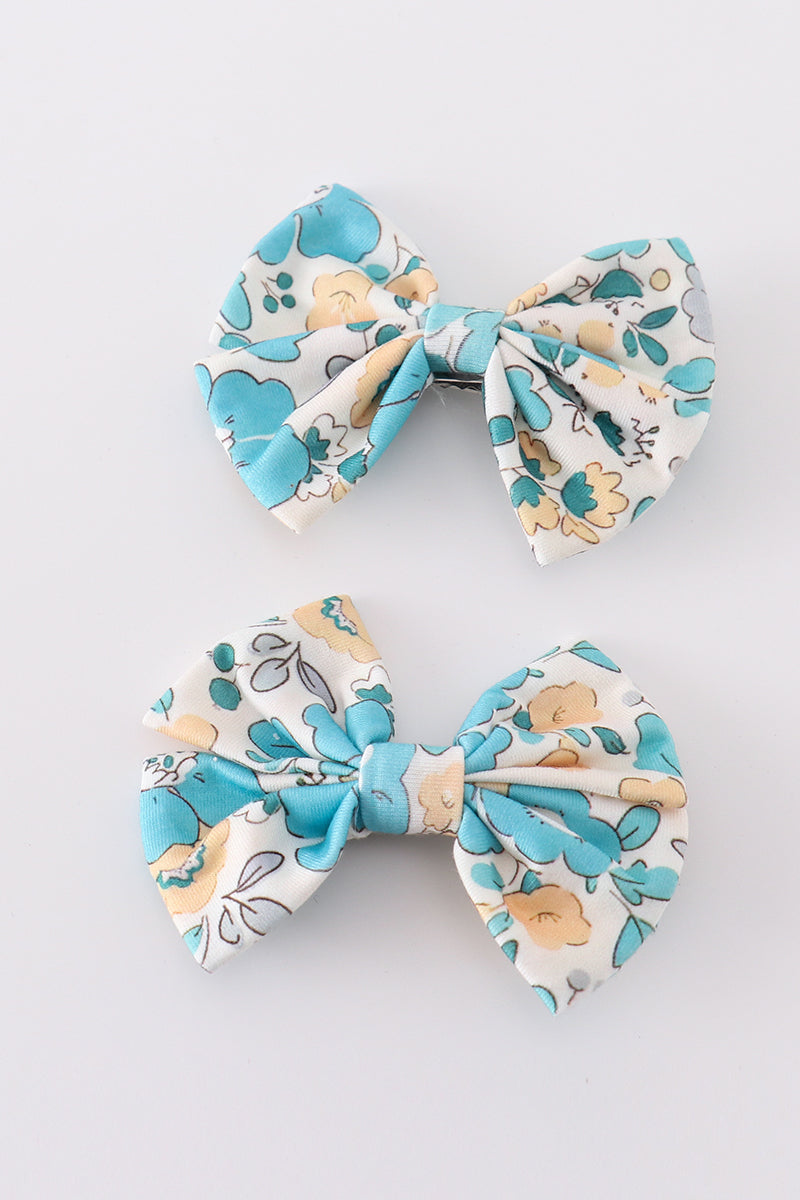 Blue Aqua Meadow Girl Piggie Hair Bow