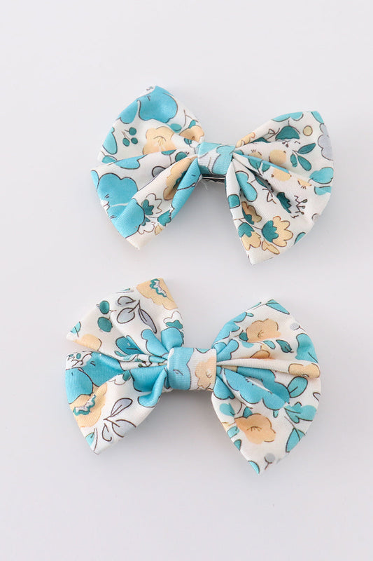 Blue Aqua Meadow Girl Piggie Hair Bow