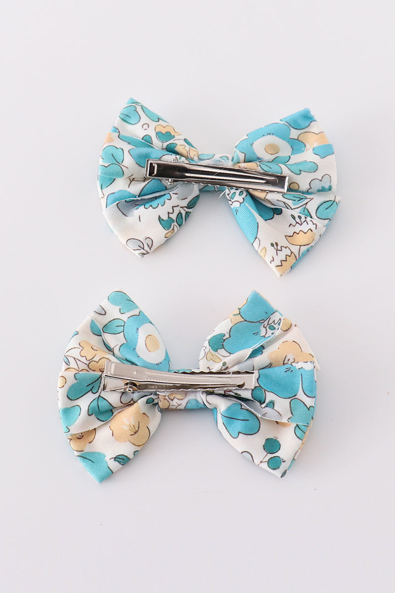 Blue Aqua Meadow Girl Piggie Hair Bow
