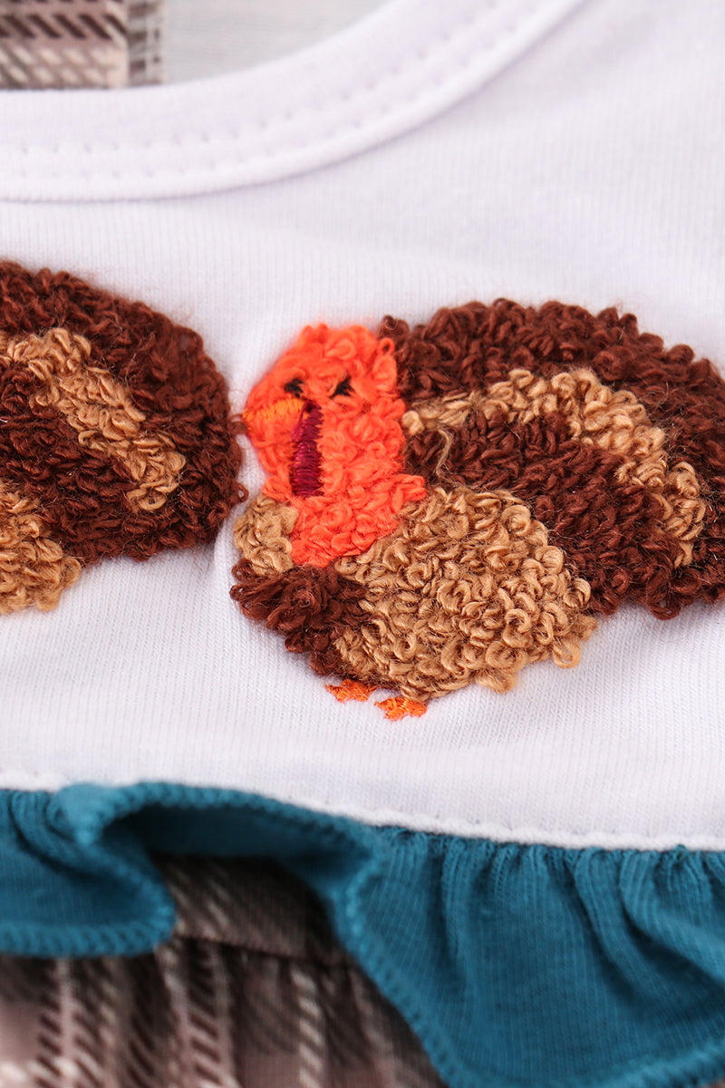 Brown Plaid Turkey French Knot Girl Romper