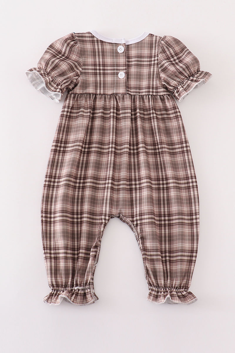 Brown Plaid Turkey French Knot Girl Romper