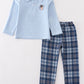 Blue Thanksgiving Turkey Embroidery Plaid Boy Set