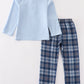 Blue Thanksgiving Turkey Embroidery Plaid Boy Set