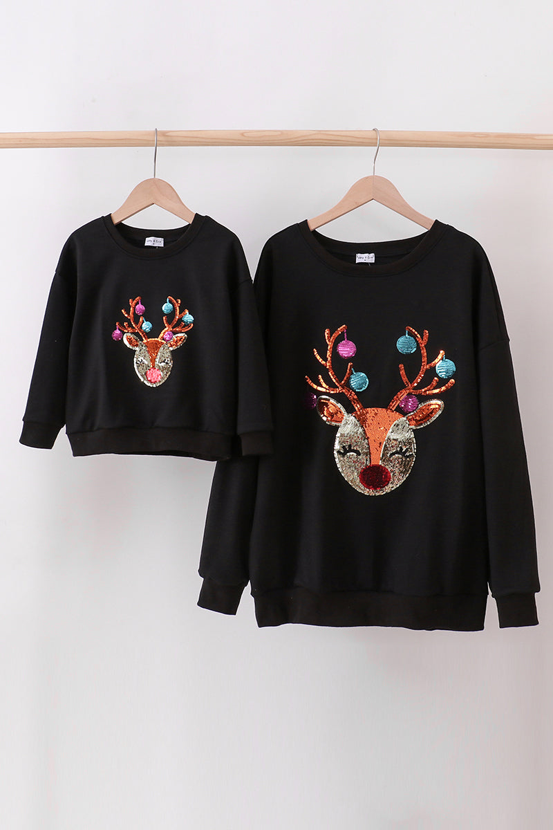 Black Reindeer Sequin Mom & Me Fleece Sweatshirt