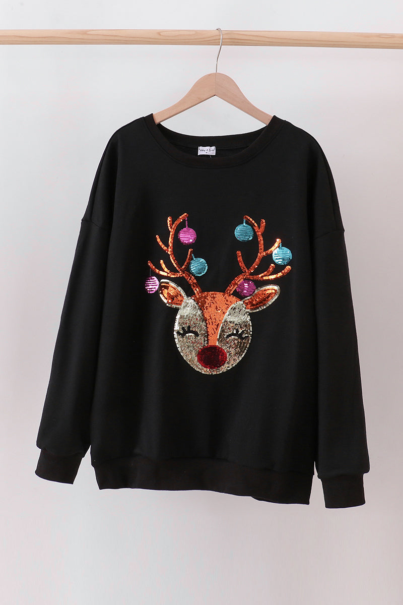 Black Reindeer Sequin Mom & Me Fleece Sweatshirt