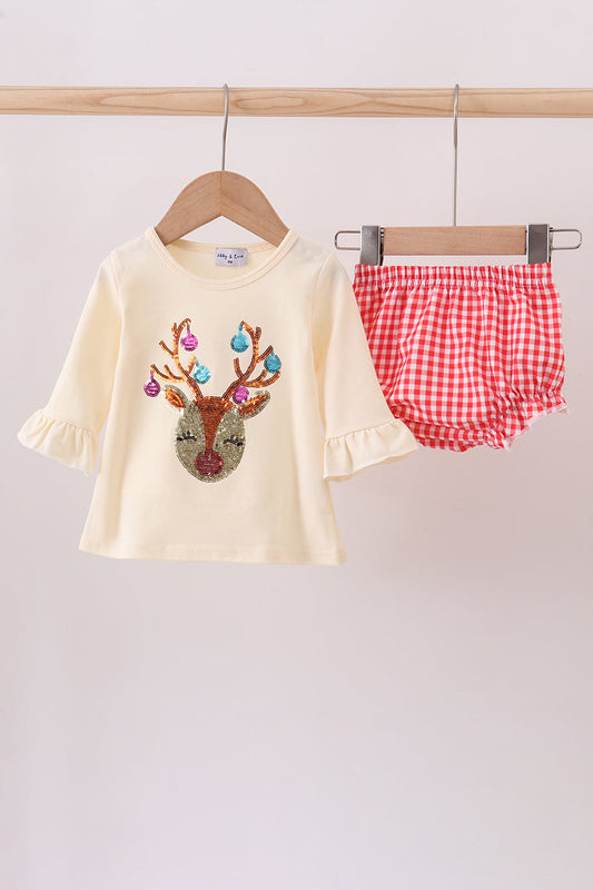 Beige Reindeer Sequin Bloomer Set