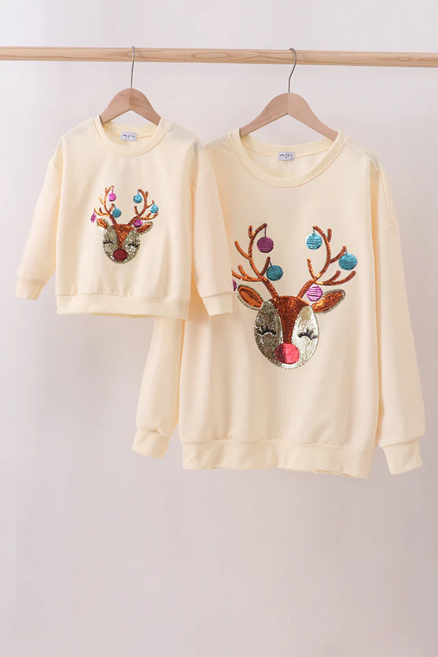 Beige Reindeer Sequin Mom&Me Sweatshirt