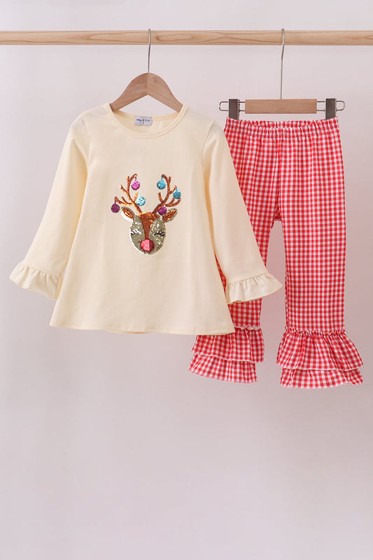 Beige Reindeer Sequin Ruffle Pants Set