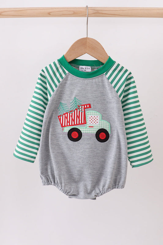 Green Tree Tractor Applique Stripe Bubble