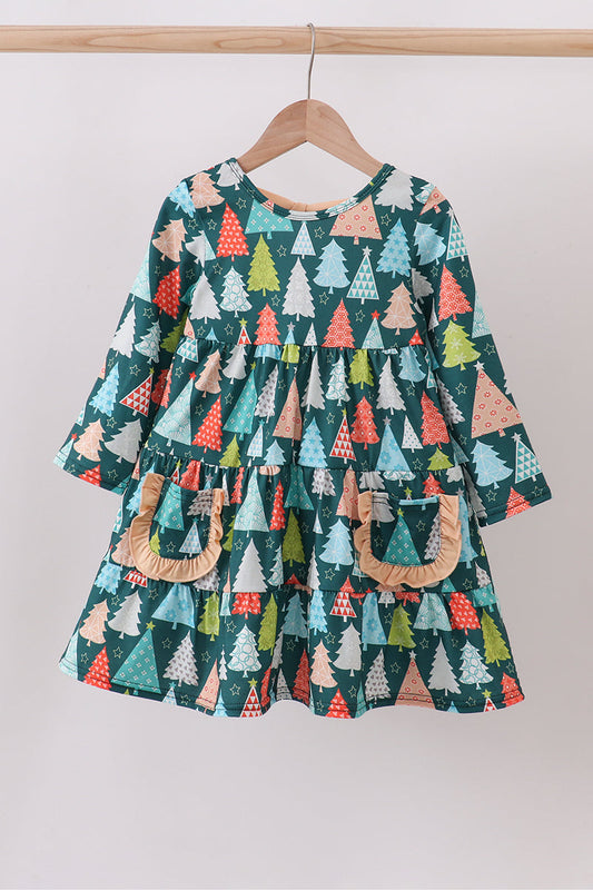 Green Tree Print Ruffle Dress