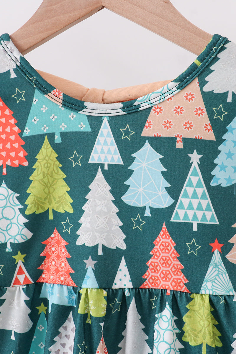 Green Tree Print Ruffle Dress