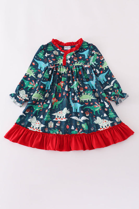 Green Dinosaur Print Ruffle Gown