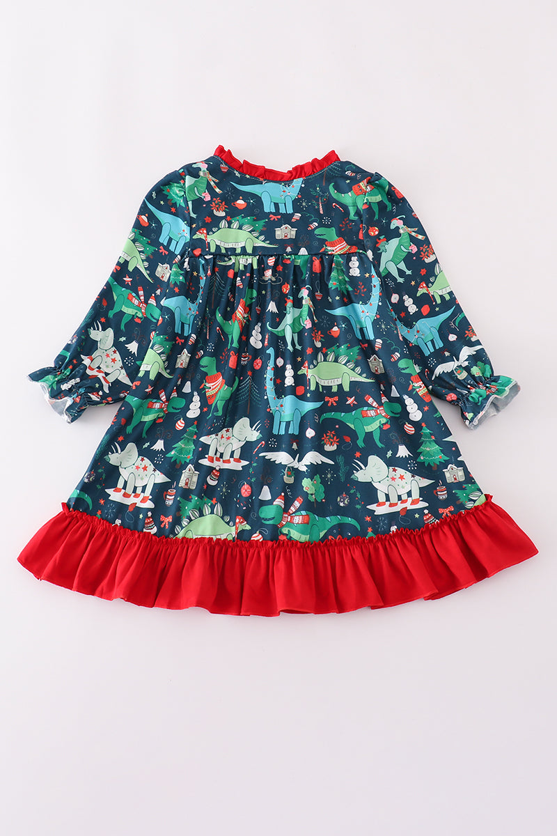 Green Dinosaur Print Ruffle Gown