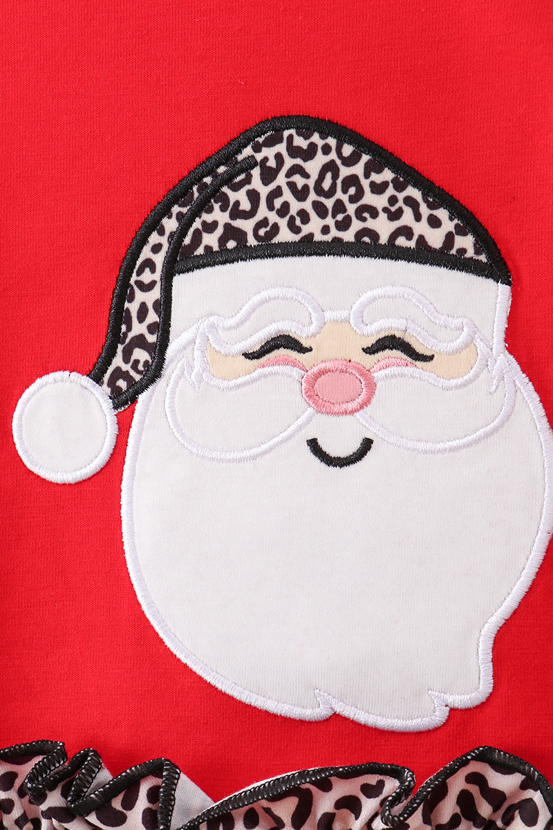 Red Santa Claus Applique Leopard Ruffle Bloomer Set