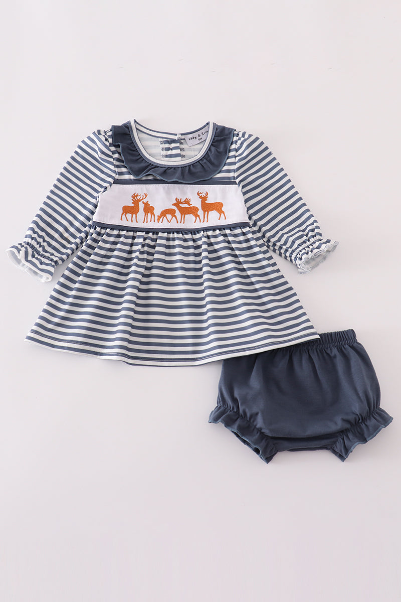 Navy Stripe Deer Embroidery Bloomer Set