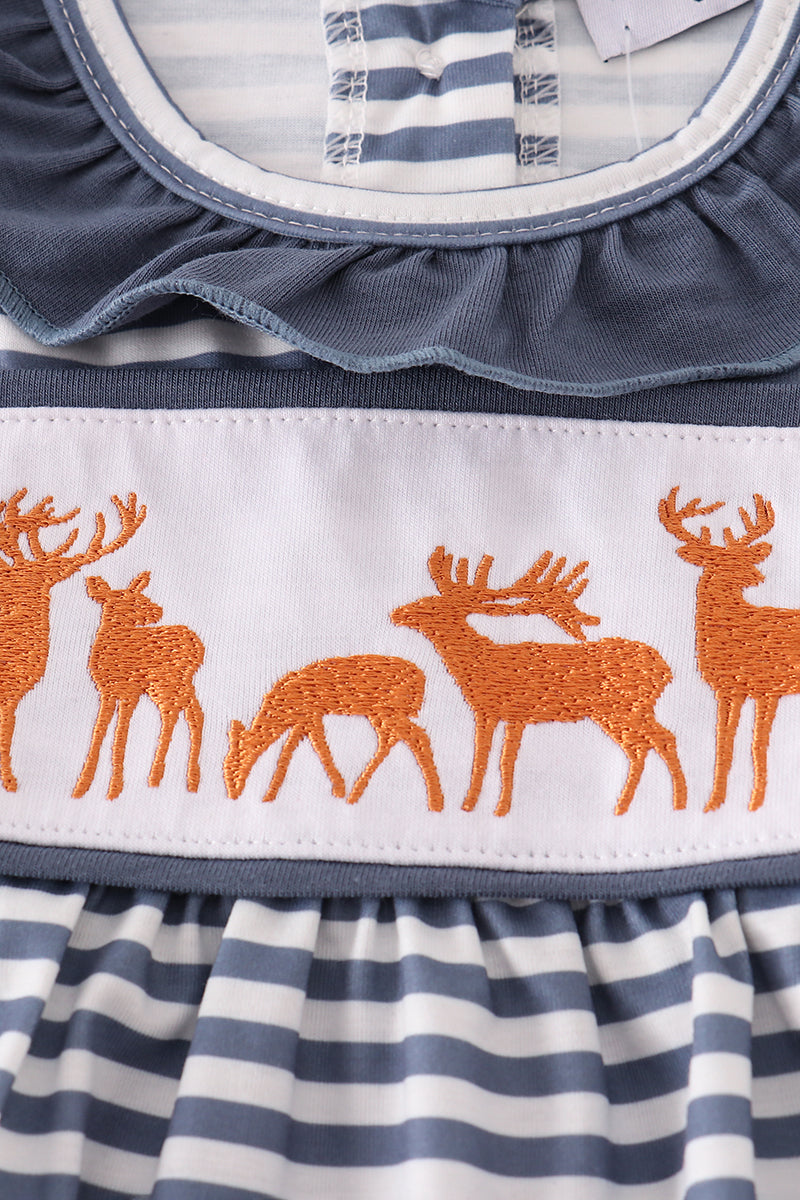 Navy Stripe Deer Embroidery Bloomer Set