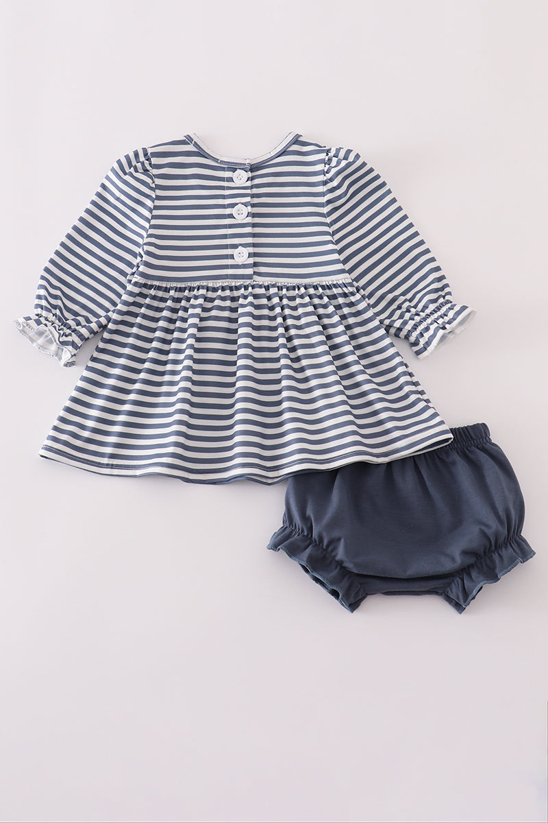 Navy Stripe Deer Embroidery Bloomer Set