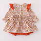 Rust Floral Print Deer Embroidery Ruffle Bubble