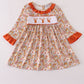 Rust Flroal Print Deer Embroidery Ruffle Dress
