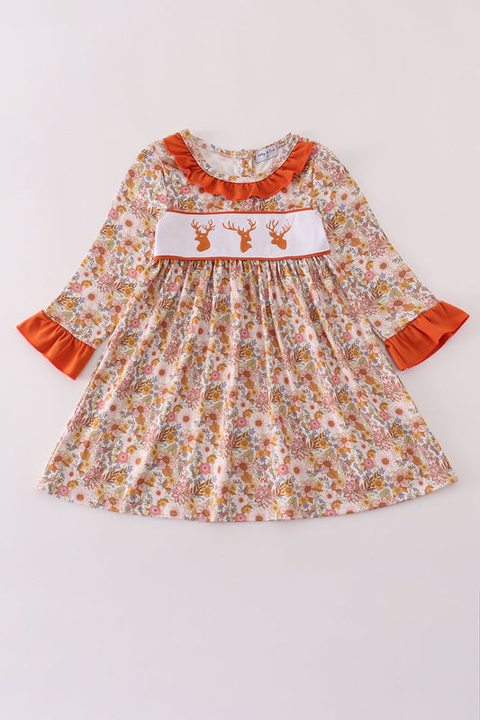 Rust Flroal Print Deer Embroidery Ruffle Dress