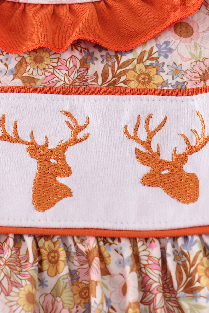 Rust Flroal Print Deer Embroidery Ruffle Dress