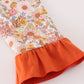 Rust Flroal Print Deer Embroidery Ruffle Dress