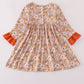 Rust Flroal Print Deer Embroidery Ruffle Dress