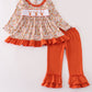 Rust Flroal Print Deer Embroidery Ruffle Pants Set