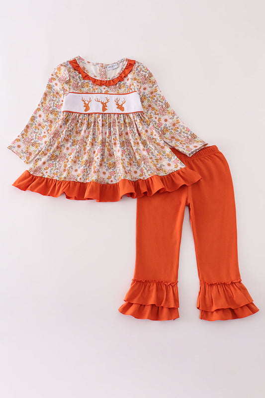 Rust Flroal Print Deer Embroidery Ruffle Pants Set