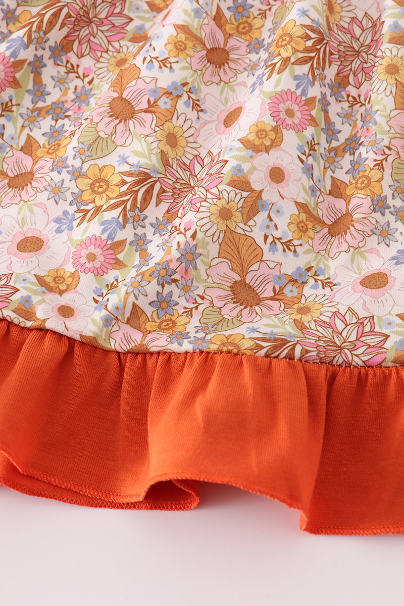 Rust Flroal Print Deer Embroidery Ruffle Pants Set