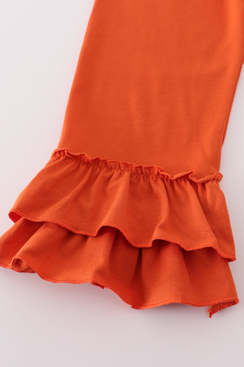 Rust Flroal Print Deer Embroidery Ruffle Pants Set