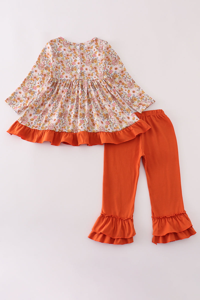Rust Flroal Print Deer Embroidery Ruffle Pants Set