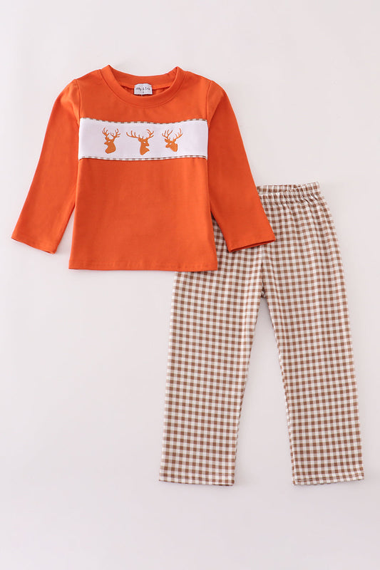 Rust Deer Embroidery Gingham Pants Set
