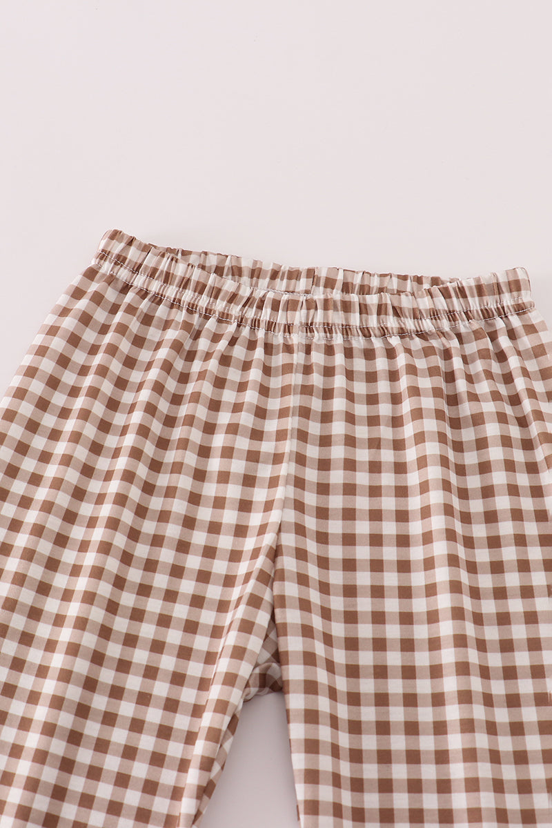 Rust Deer Embroidery Gingham Pants Set