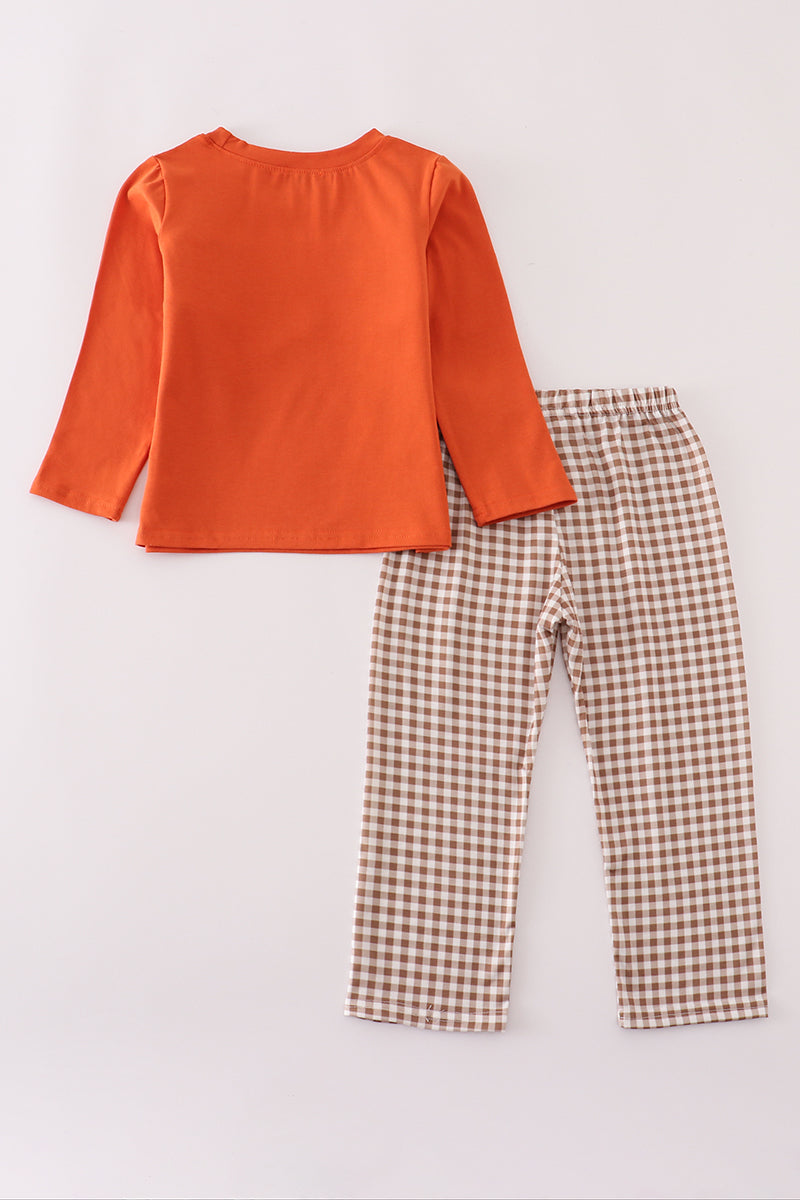 Rust Deer Embroidery Gingham Pants Set