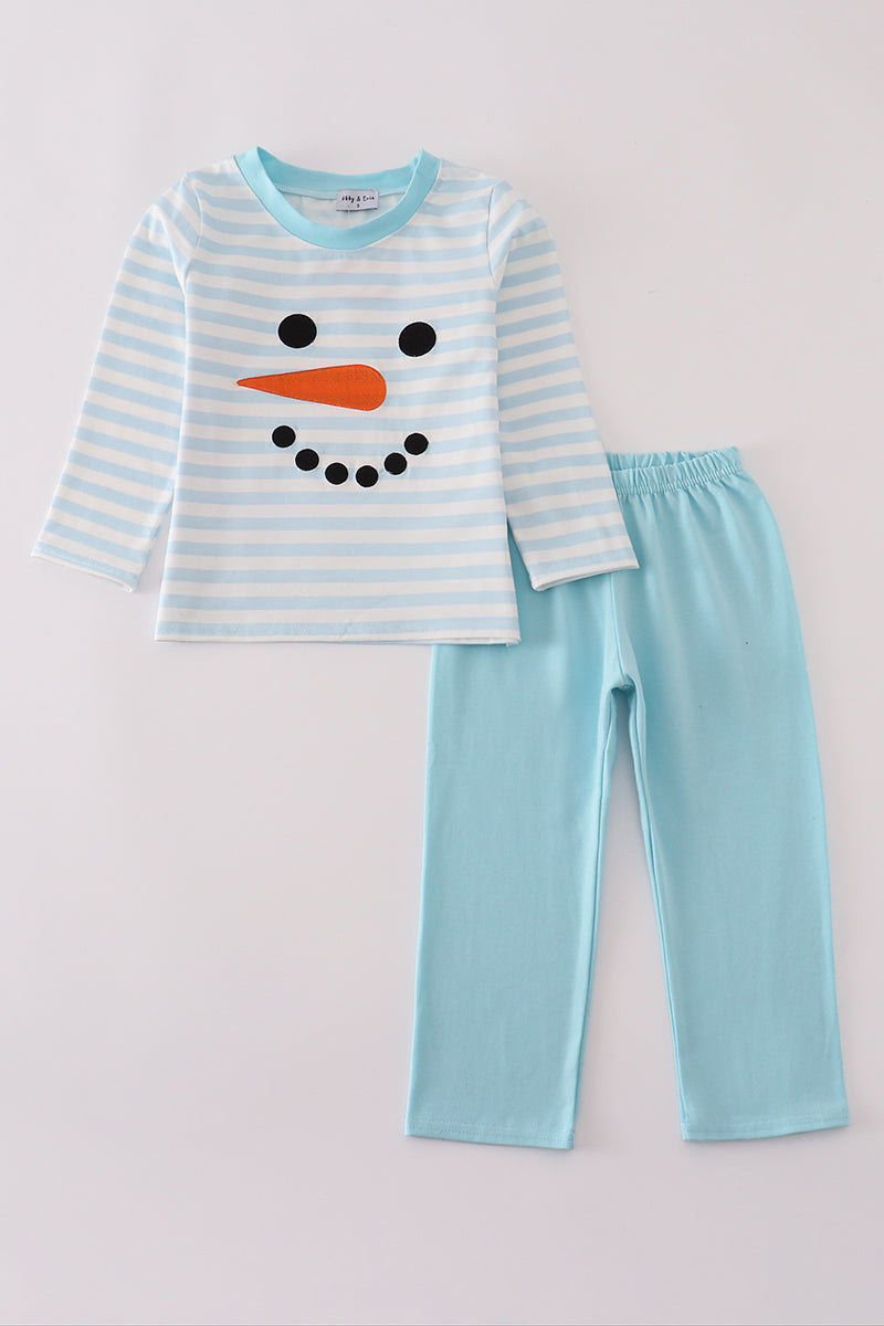 Blue Snowman Embroidery Stripe Pants Set