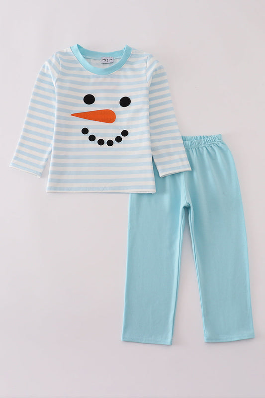 Blue Snowman Embroidery Stripe Pants Set