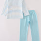 Blue Snowman Embroidery Stripe Pants Set