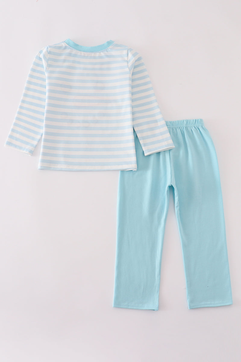 Blue Snowman Embroidery Stripe Pants Set